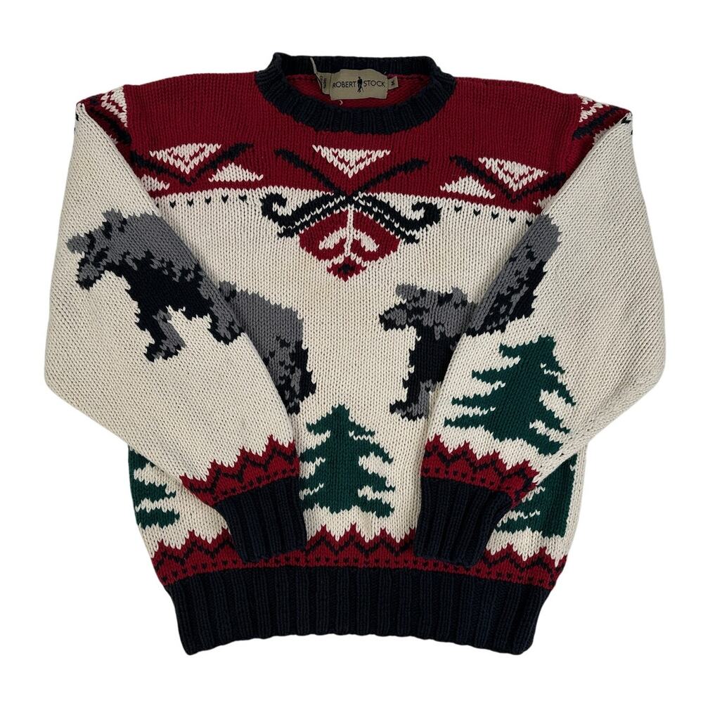 Vintage Robert Stock Bear & Pine Tree Knit Sweater Men's Sz M